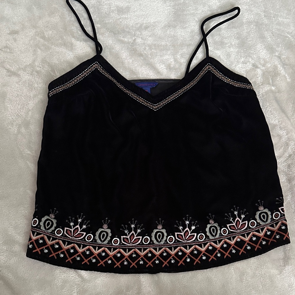 Aeropostale Embroidered Velvet Black V Neck Top